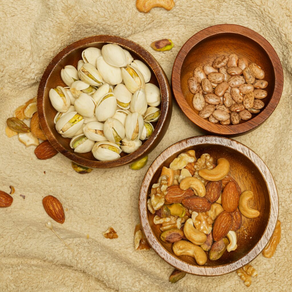 Flat lay of healthy grains concept, Different type of grains in wooden bowl on wool blanket